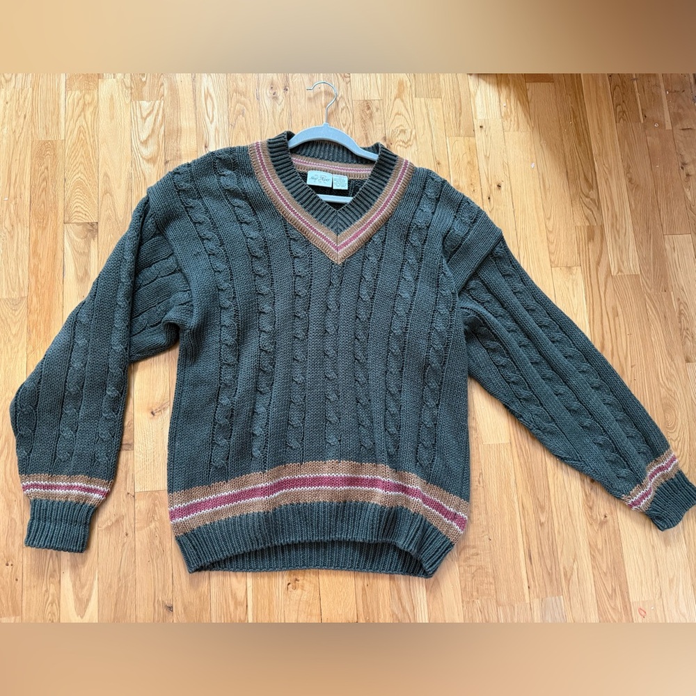 Vintage New River Brand Olive Green pullover V-Neck Cable Knit Sweater Sz XL